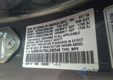 2010 Honda Cr-V Ex-L z USA, uszkodzony, nr VIN 5J6RE4H79AL086548